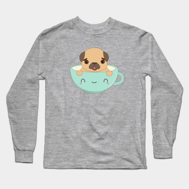 Kawaii Coffee Pug T-Shirt Long Sleeve T-Shirt by happinessinatee